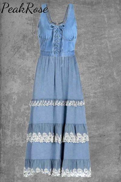 Women’s Vintage Denim Lace Patchwork Sleeveless Dress