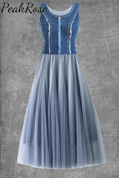 Women’s Vintage Denim Mesh Splicing Sleeveless Dress