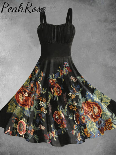 Women’s Vintage Floral Art Print Backless Dress S / Black