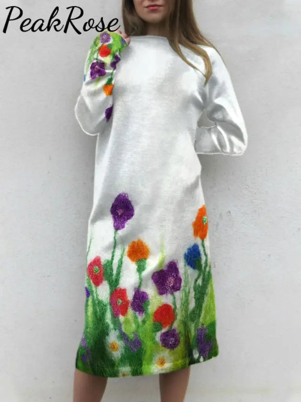 Women’s Vintage Floral Art Print Casual Crew Neck Sweater Dress