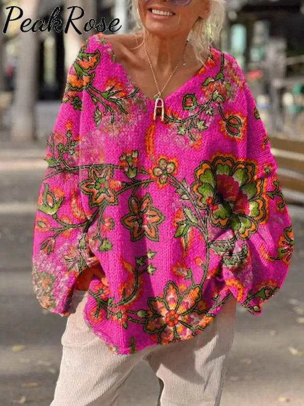 Women’s Vintage Floral Print Casual Loose Sweater