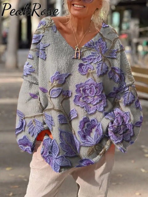 Women’s Vintage Floral Print Casual Loose Sweater