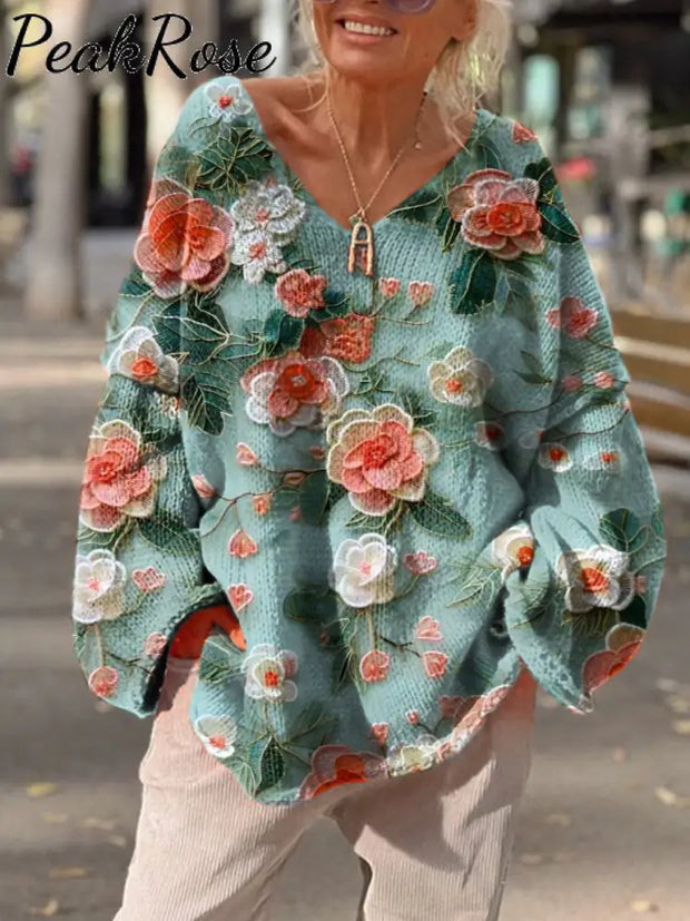 Women’s Vintage Floral Print Casual Loose Sweater As Picture / S