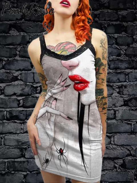 Women’s Vintage Gothic Art Illustration Printed Cotton Slim Fit Suspender Dress