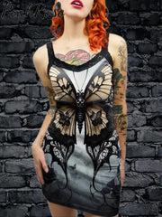 Women’s Vintage Gothic Butterfly Art Illustration Printed Cotton Slim Fit Suspender Dress