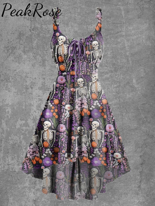 Women’s Vintage Halloween Floral Skull Print Sexy Suspender Mini Dress