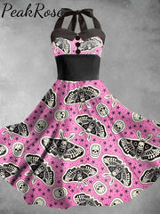 Women’s Vintage Halloween Skull Print Elegant Dress As Picture / S