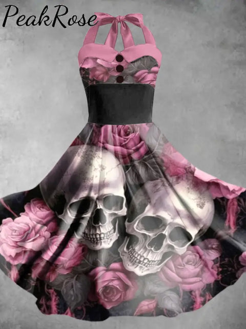 Women’s Vintage Halloween Skull Print Elegant Dress As Picture / S