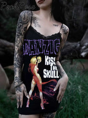 Women’s Vintage Punk Skull Printed Cotton Slim Fit Suspender Dress