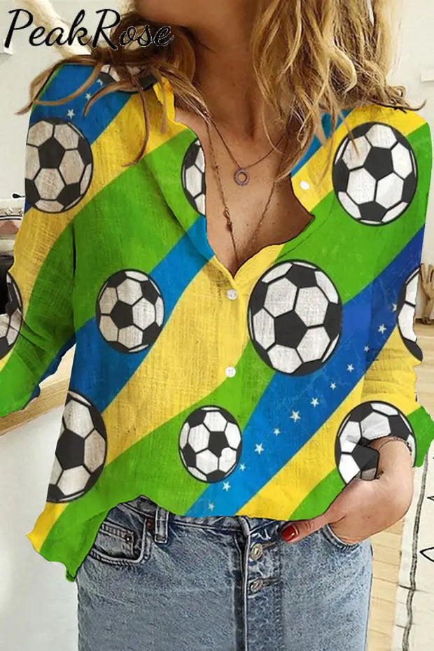 Yellow&Green Game Day Soccer Button Long Sleeve Shirt Women