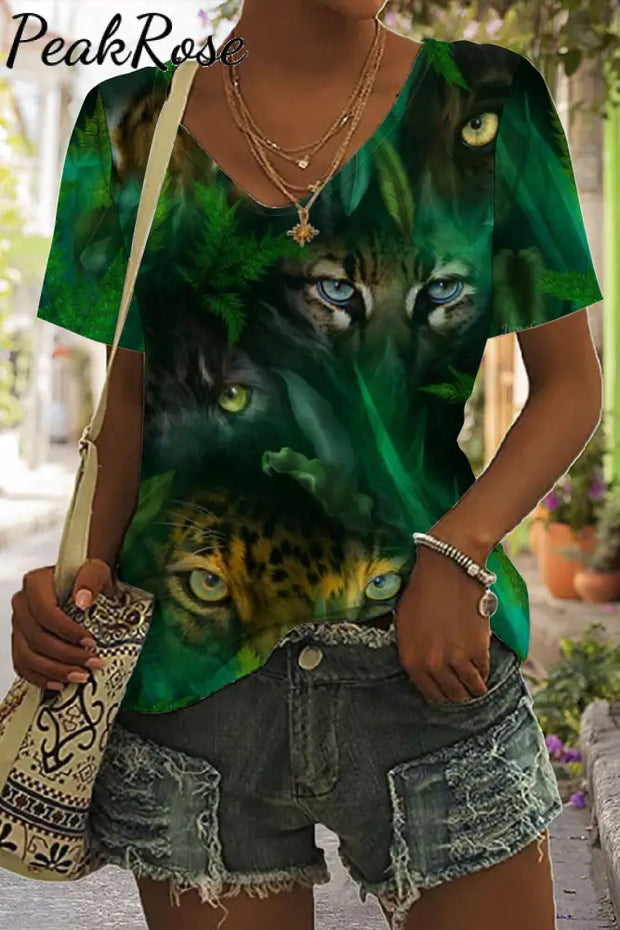 You Are Being Watched By Jungle Eyes Print Tie-Dye V Neck T-Shirt T-Shirt