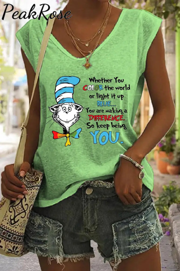 You Are Making A Difference So Keep Being Print V-Neck Tank Top Green / S