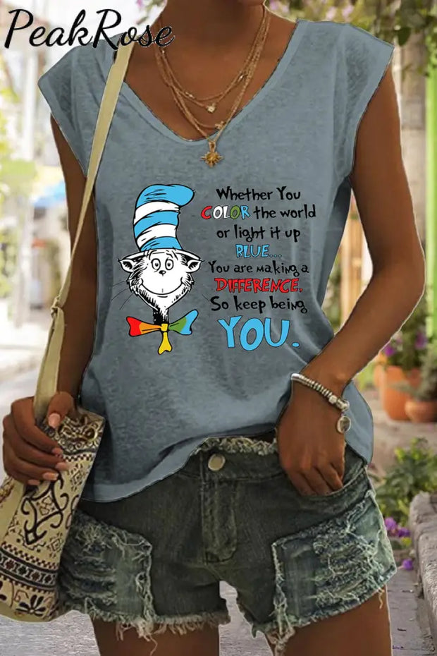 You Are Making A Difference So Keep Being Print V-Neck Tank Top Grey / S