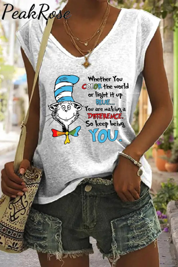 You Are Making A Difference So Keep Being Print V-Neck Tank Top White / S