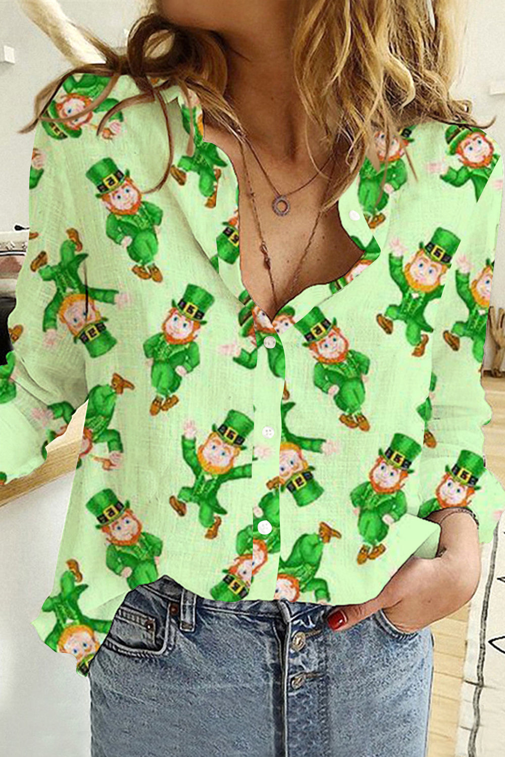 Cute Green Ireland Leprechauns Printed Long Sleeve Shirt