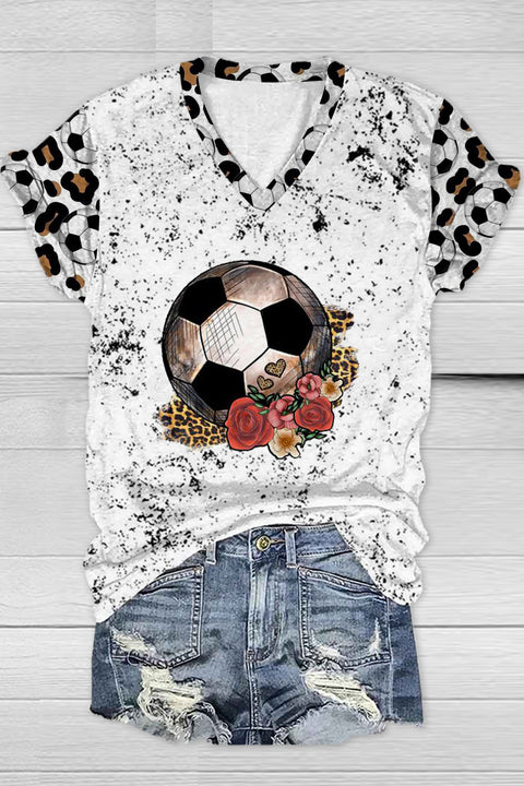 Soccer Rose Leopard Print V Neck T-shirt