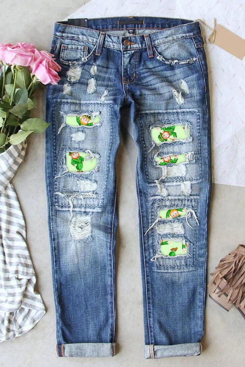 Cute Green Ireland Leprechauns Printed Ripped Denim Jeans