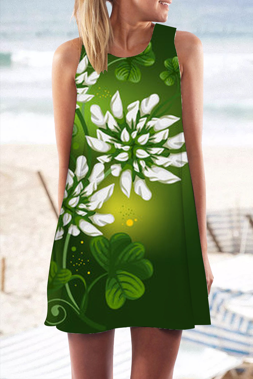 Casual Green Shamrocks with Flowers Tank Dress