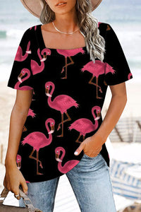 Pink Flamingos Black Square Neck T-Shirt