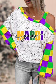 Mardi Gras Polka Tricolor Plaid Color Block Off-Shoulder Blouse