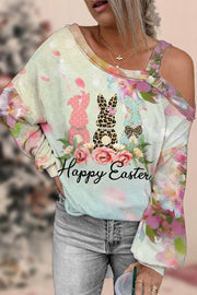 Happy Easter Polka Leopard Floral Bunnies Off-Shoulder Blouse