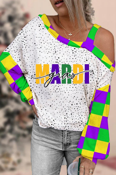 Mardi Gras Polka Tricolor Plaid Color Block Off-Shoulder Blouse