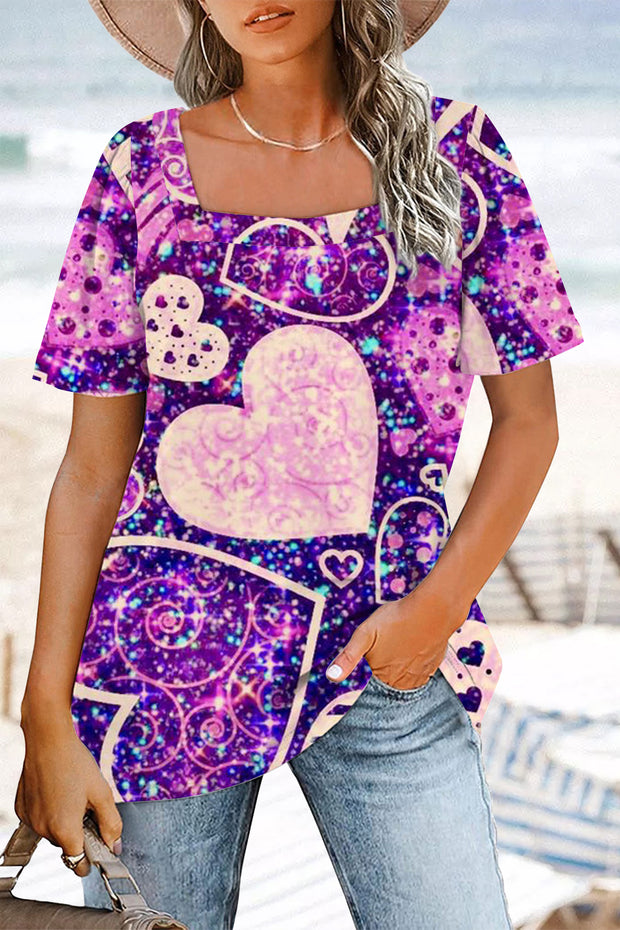 Purple Glitter Love Heart Square Neck T-Shirt