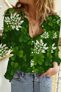 Casual Green Shamrocks with Flowers Long Sleeve Shirt