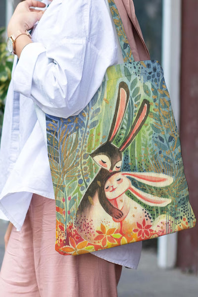 Happy Easter Day Bunnies Floral Tote Bag