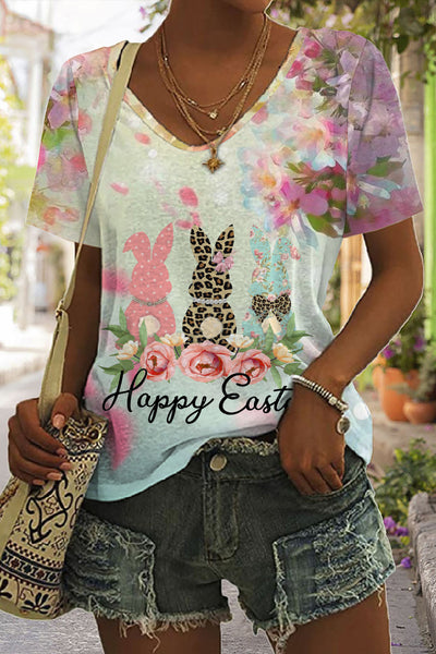 Happy Easter Polka Leopard Floral Bunnies V Neck T-shirt