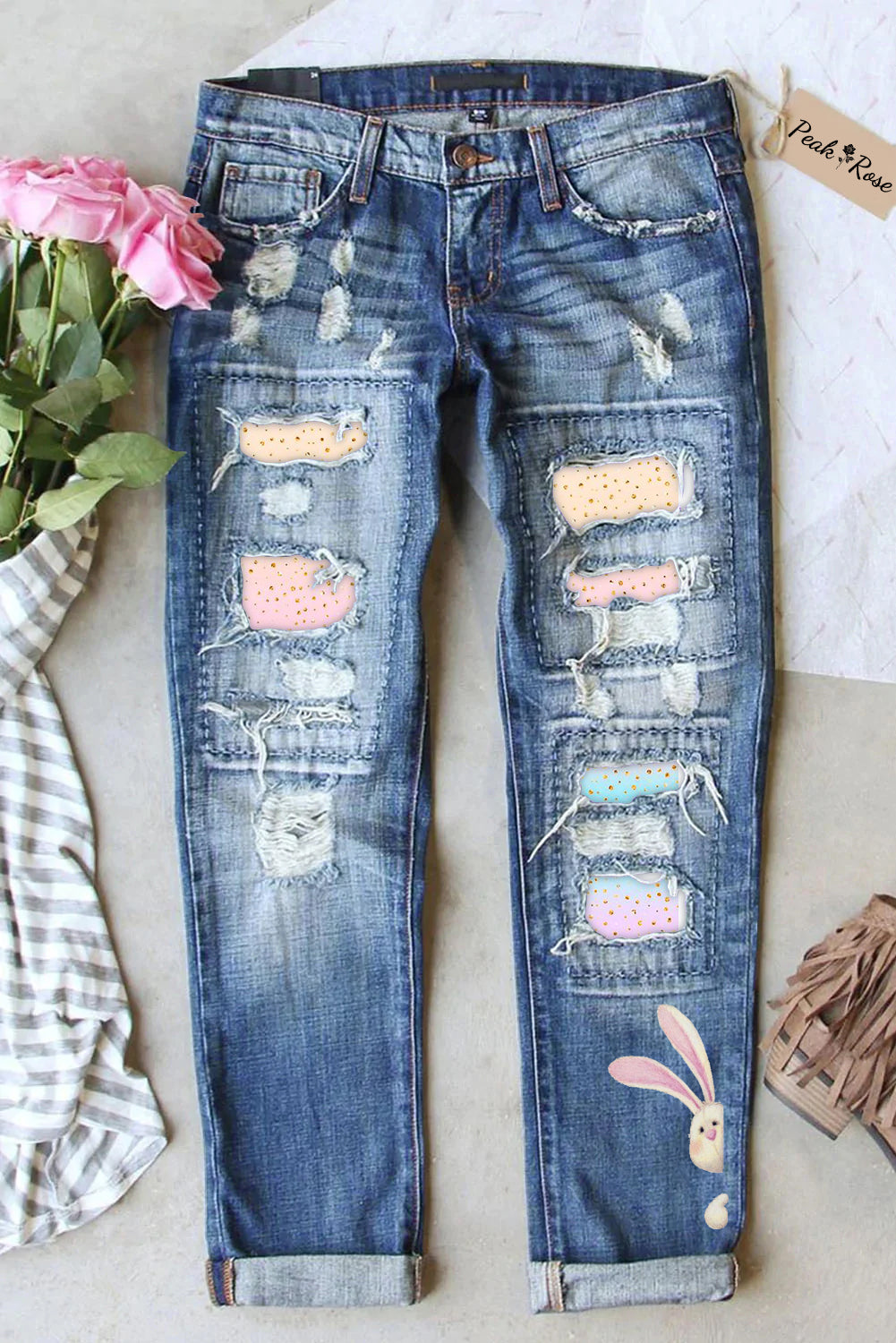 Glitter Pink Blue Easter Day Bunny Ripped Denim Jeans