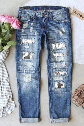 Easter Day Woodland Bunnies Floral Rabbits Ripped Denim Jeans