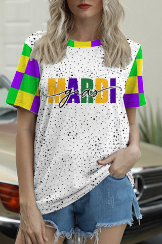 Mardi Gras Polka Tricolor Plaid Color Block Round Neck Short Sleeve T-shirt