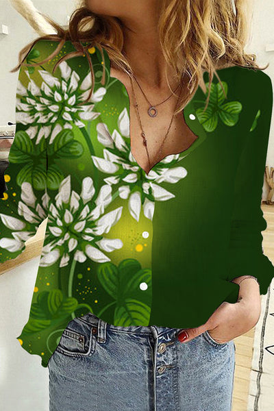 Casual Green Shamrocks with Flowers Long Sleeve Shirt