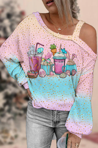Happy Easter Day Bunnies Cup Pink Blue Off-Shoulder Blouse