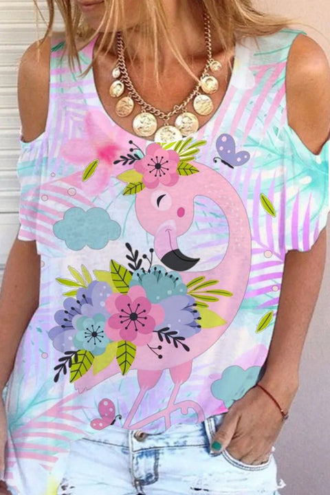 Cute Floral Flamingo Pink Cold Shoulder T-shirt