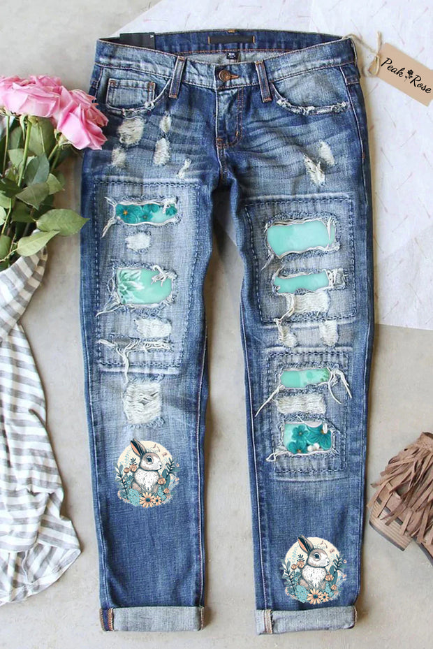 Happy Easter Day Bunny Floral Printed Ripped Denim Jeans