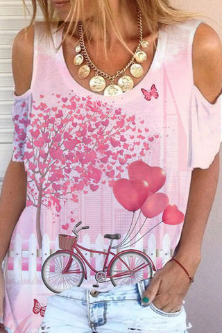 Pink Love Heart Balloons Cold Shoulder T-shirt
