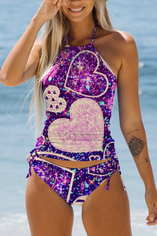 Purple Glitter Love Heart Bikini Swimsuit