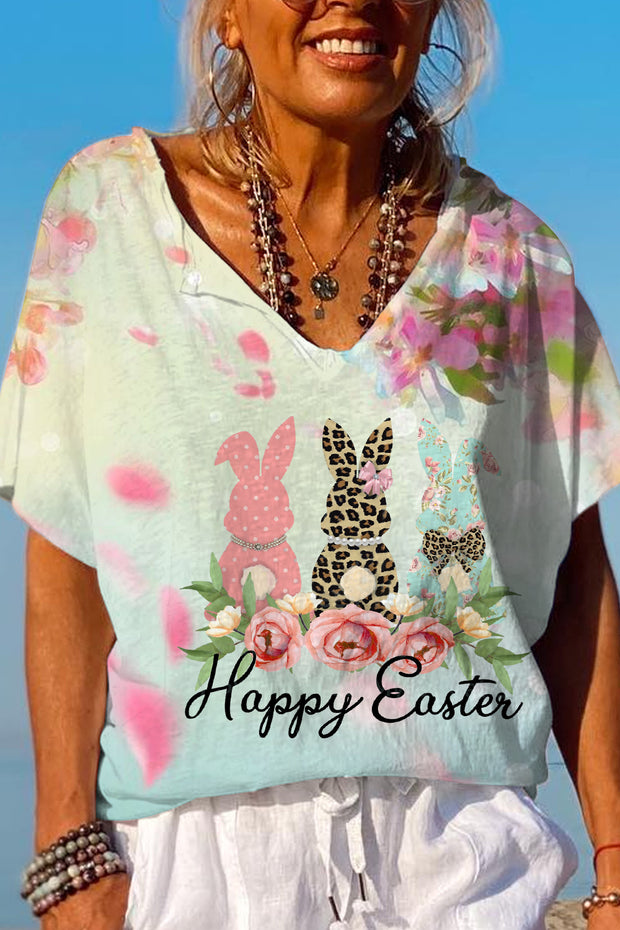 Happy Easter Polka Leopard Floral Bunnies Dolman Sleeves Tee