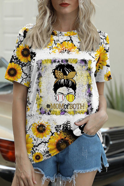 Mom Of Both Softball And Baseball Sunflower Round Neck Short Sleeve T-shirt