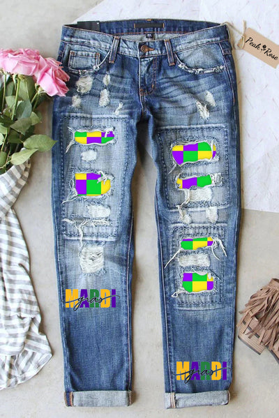 Mardi Gras Polka Tricolor Plaid Color Block Ripped Denim Jeans