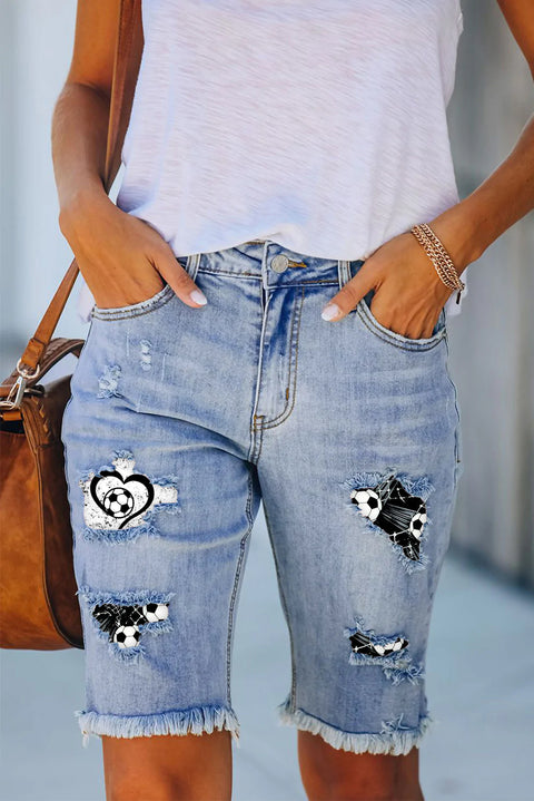 Love Soccer Print Denim Shorts