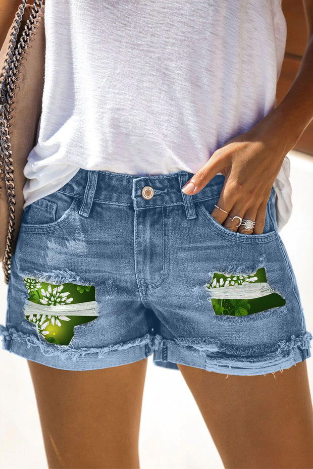 Casual Green Shamrocks with Flowers Denim Shorts