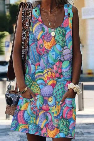 Happy Easter Day Colorful Eggs Tank Dress With Pockets