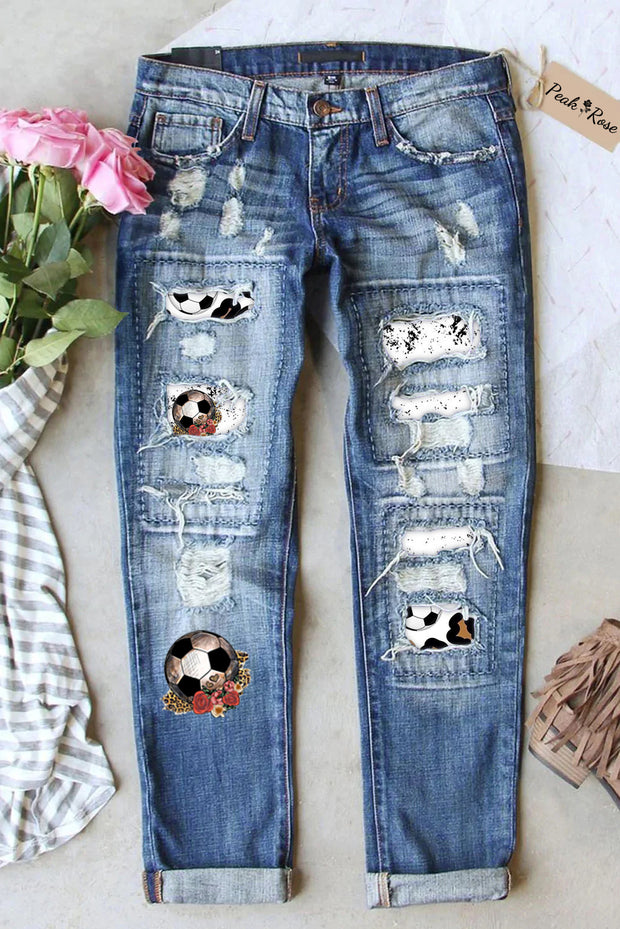 Soccer Rose Leopard Print Ripped Denim Jeans