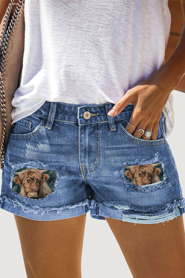 Western Cow Print Ripped Denim Shorts