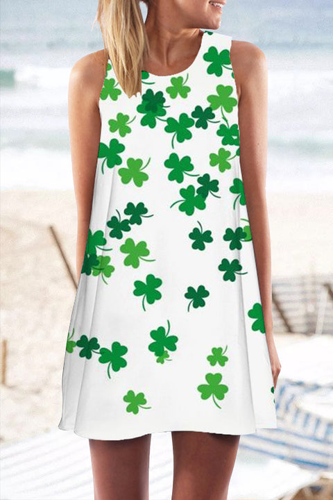 Casual Lucky Green Shamrocks Printed Tank Dress