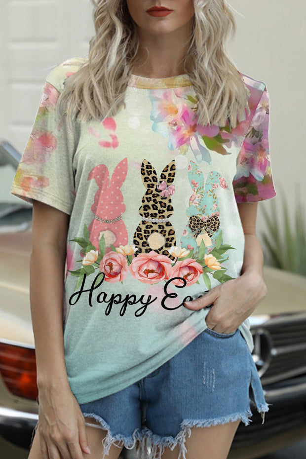 Happy Easter Polka Leopard Floral Bunnies Round Neck T-shirt