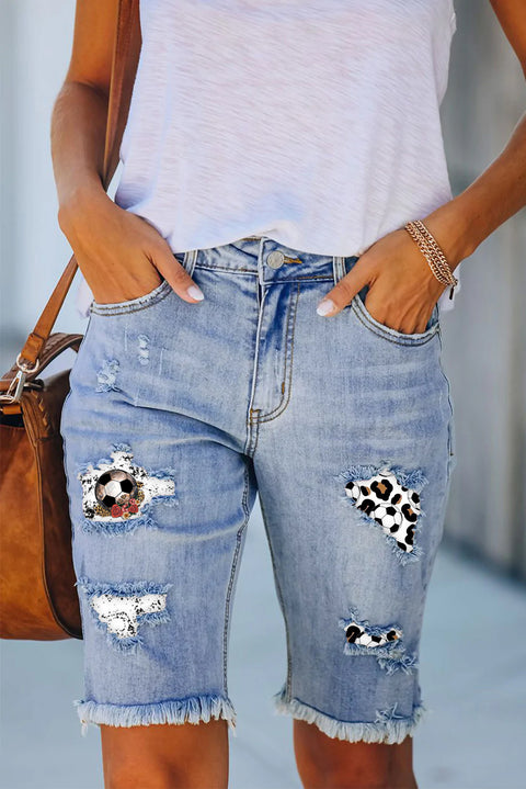 Soccer Rose Leopard Print Denim Shorts